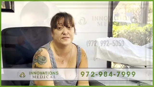 A woman with a tattoo on her left arm sits in a medical office chair, wearing a striped tank top. Text on the image includes INNOVATIONS MEDICAL and their phone number, highlighting chronic pain treatment and stem cell therapy Dallas.