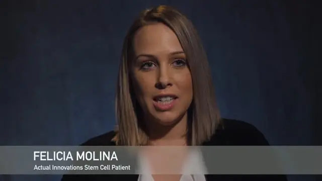 A woman with straight, shoulder-length blonde hair speaks in front of a dark background. Text on the image reads: FELICIA MOLINA, Actual Innovations Stem Cell Patient, shares her experience with stem cell treatment.