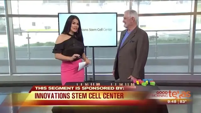 A woman and a man stand in a TV studio. Behind them, a screen highlights Innovations Stem Cell Center, known for stem cell therapy Dallas and chronic pain treatment. On-screen text reads: “THIS SEGMENT IS SPONSORED BY: INNOVATIONS STEM CELL CENTER.”.