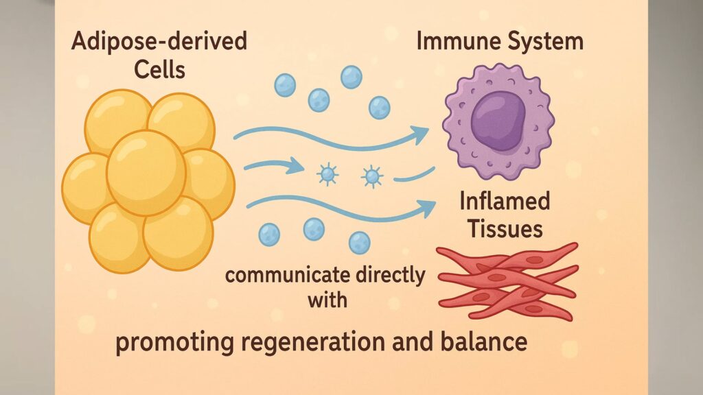 An drawing of adipose stem cells and how they do not get rejected by the immune system.